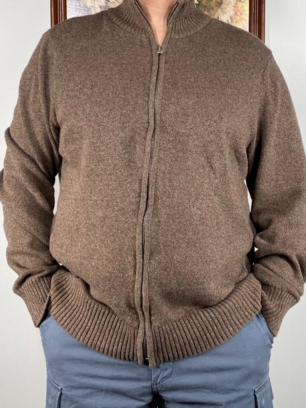 Dockers Ribbed Knit Sweater Top Men's Large Brown Zip Up Casual